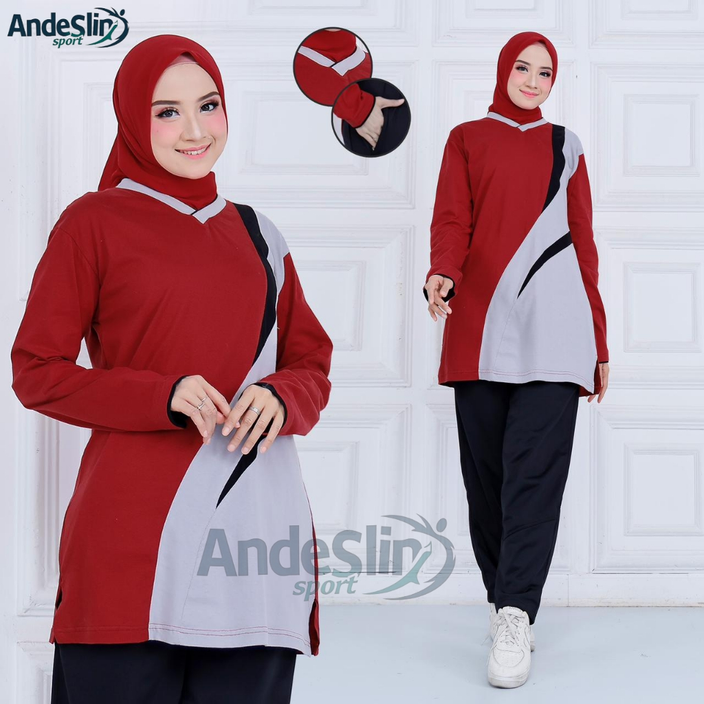 kaos olahraga tunik wanita lengan panjang / 1 set baju olahraga