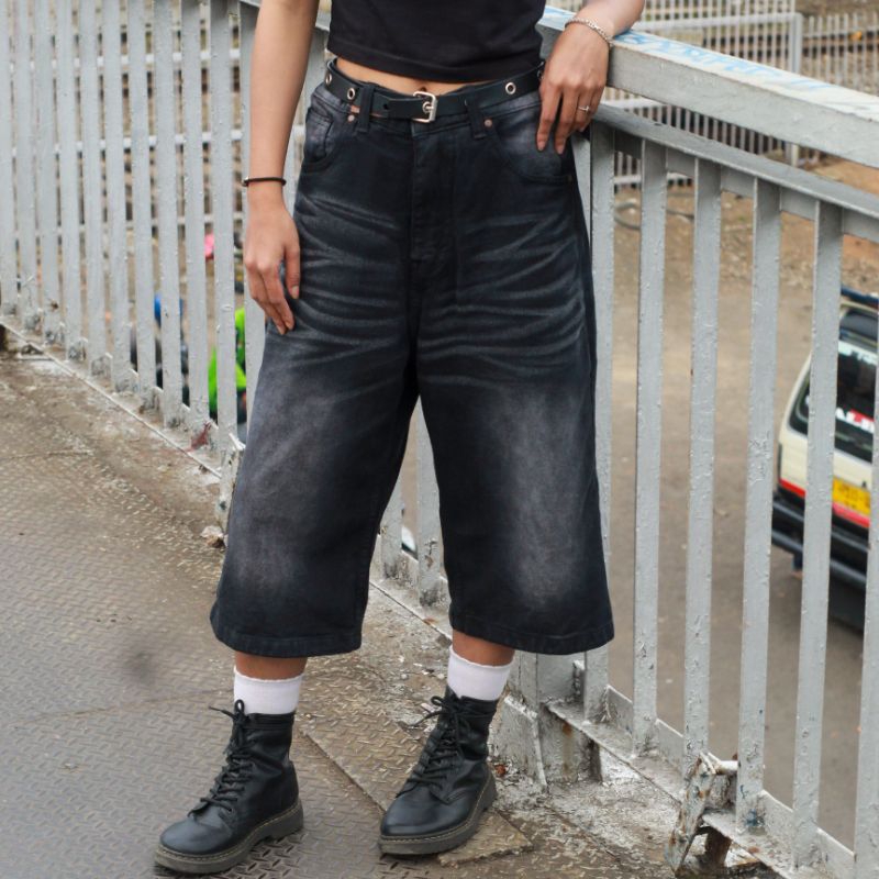 Jorts Pants 7/8  Black  Wisker  Unisex Pria Wanita Jorts Pants Unisex