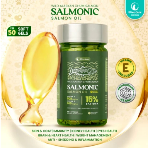 Olive Care Vitamin Minyak Ikan Kucing SALMONIC Murni & Alami Non-GMO Tinggi Omega 3 EPA DHA Omega 6 