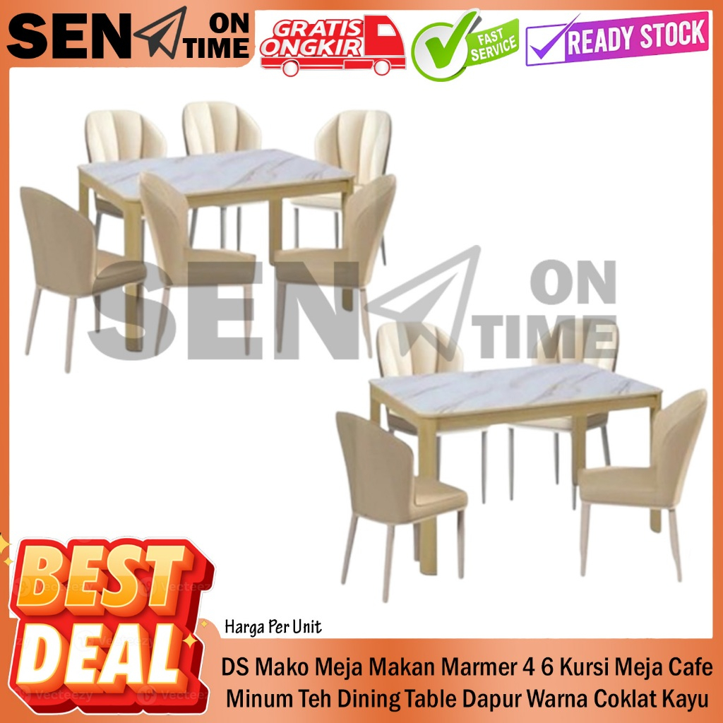 DS Mako Meja Makan Marmer 4 6 Kursi Meja Cafe Minum Teh Dining Table Dapur Warna Coklat Kayu Cat Pow