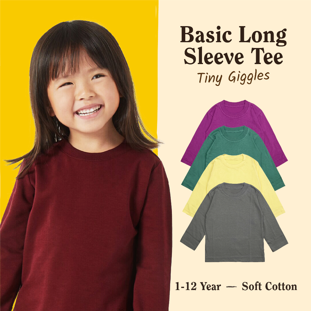 Tiny Giggles Baju Atasan Anak Laki Perempuan Lengan Panjang Polos Basic Katun Umur 1-12 Tahun