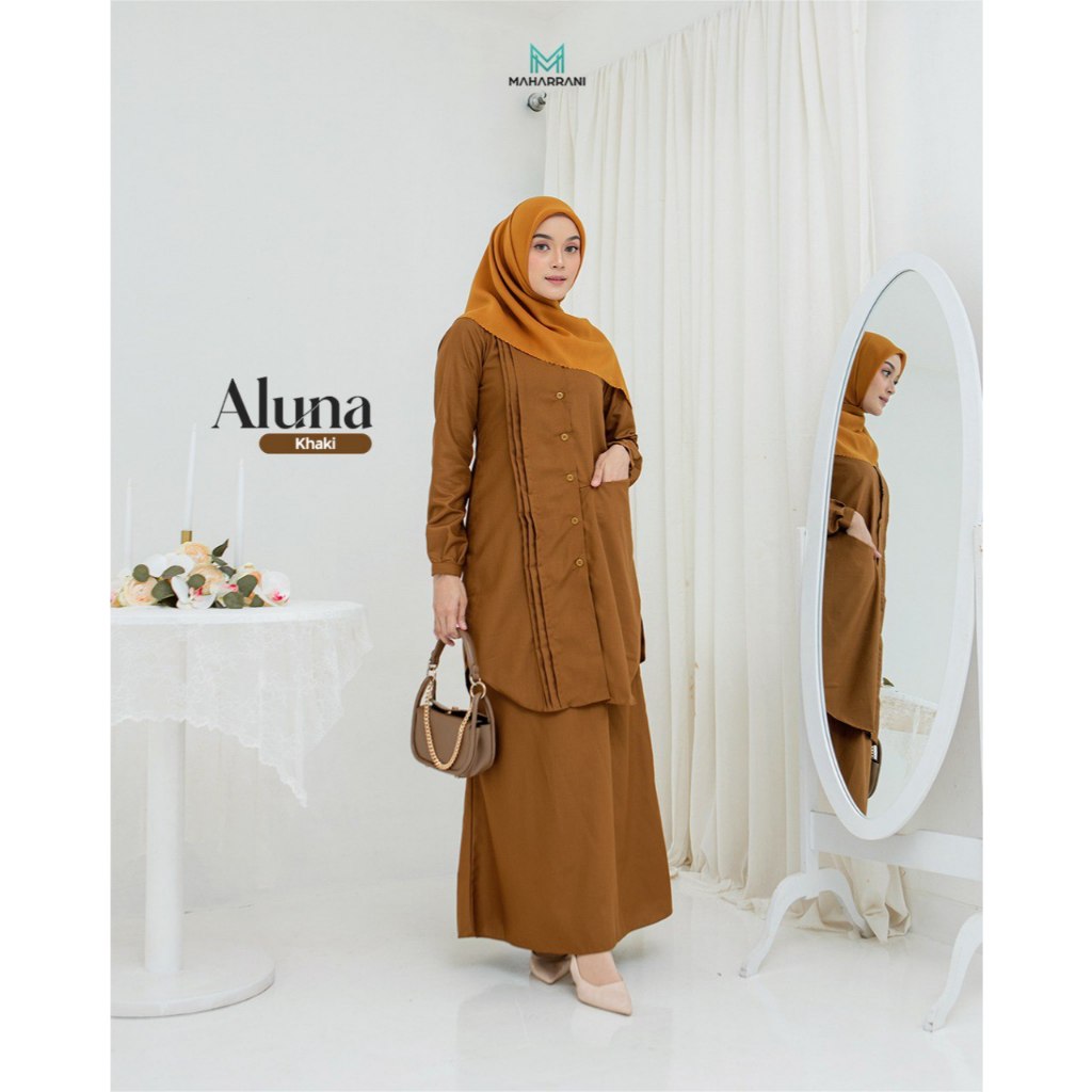 Seragam Dinas Khaki Pemda Wanita Muslimah Guru Sekolah Pdh Pns Aluna Setelan Tunik & Rok Terpisah