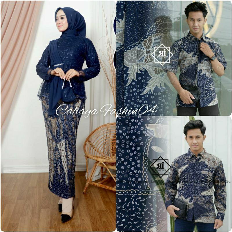 Couple Kebaya Modern Selendang Navy Batik Saroja Navy Couple Keluarga Pasangan Sarimbit