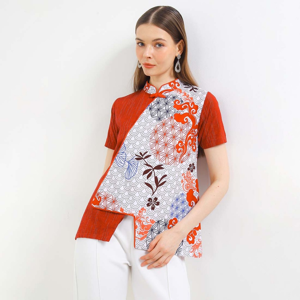 Rianty Batik Premium Wanita Atasan Blouse Cheongsam Merah Putih Zhea