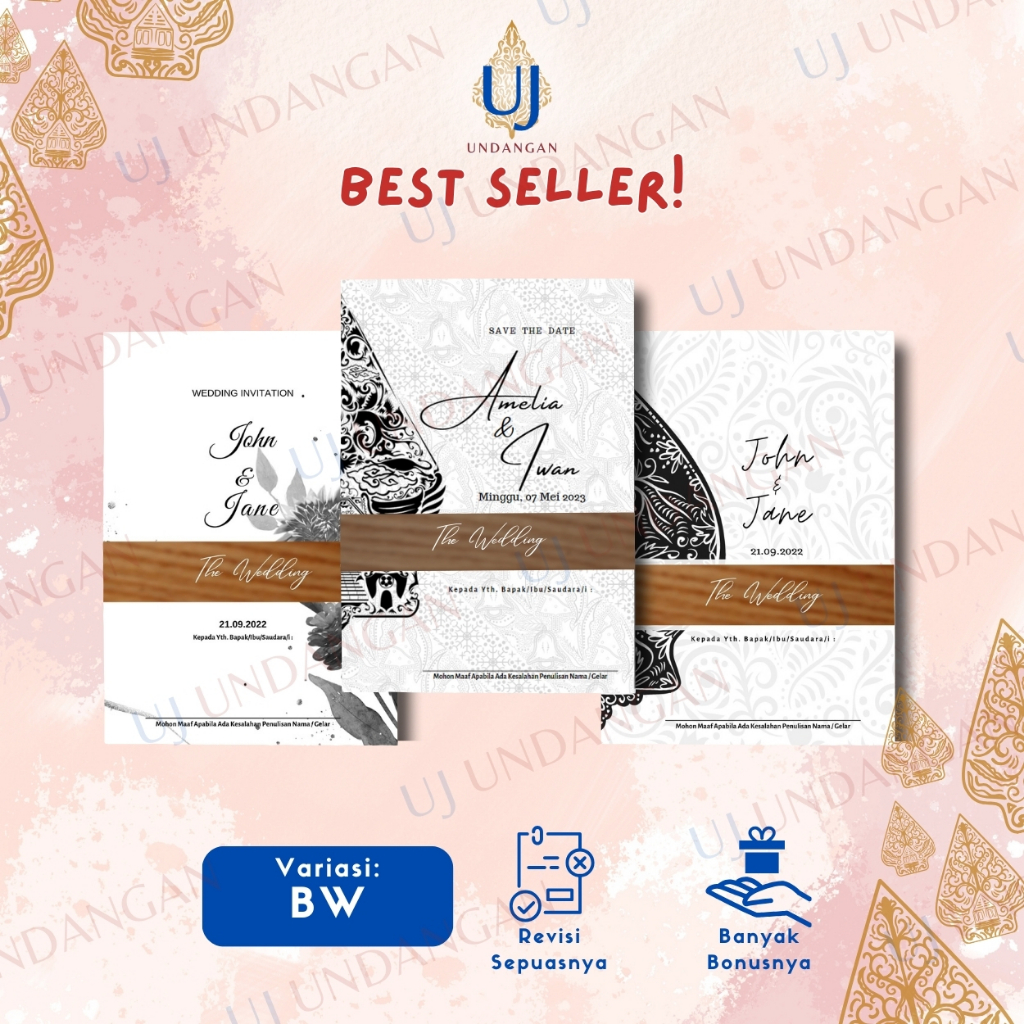 Undangan UJ Undangan Pernikahan Black & White Hitam & Putih Sabuk BC Gramatur 160 Murah Elegan Rusti