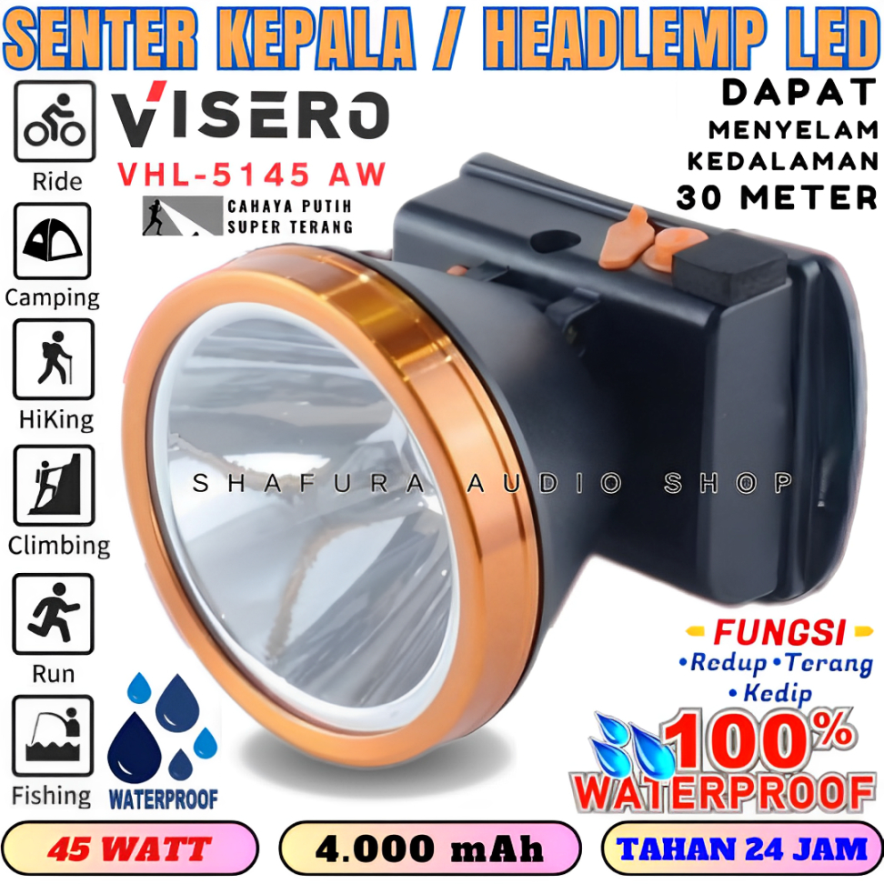 Senter Kepala Visero Vhl-5145 45w Super Terang Fitur Sos | Head Lamp / Senter Kepala Visero Vhl-5145
