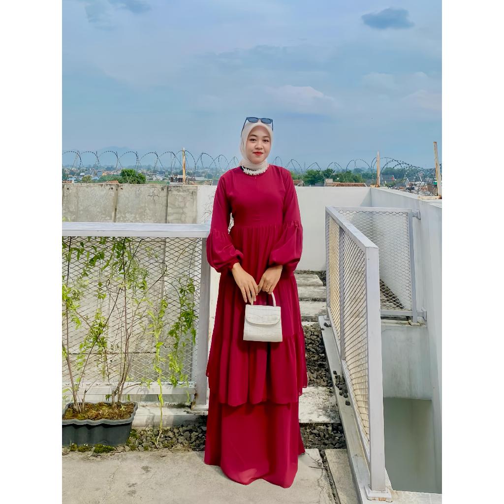 Shaqueena Dress Gamis Wanita Terbaru/ Dress Ceruty Double Layer Lengan Balon Wanita Kekinian