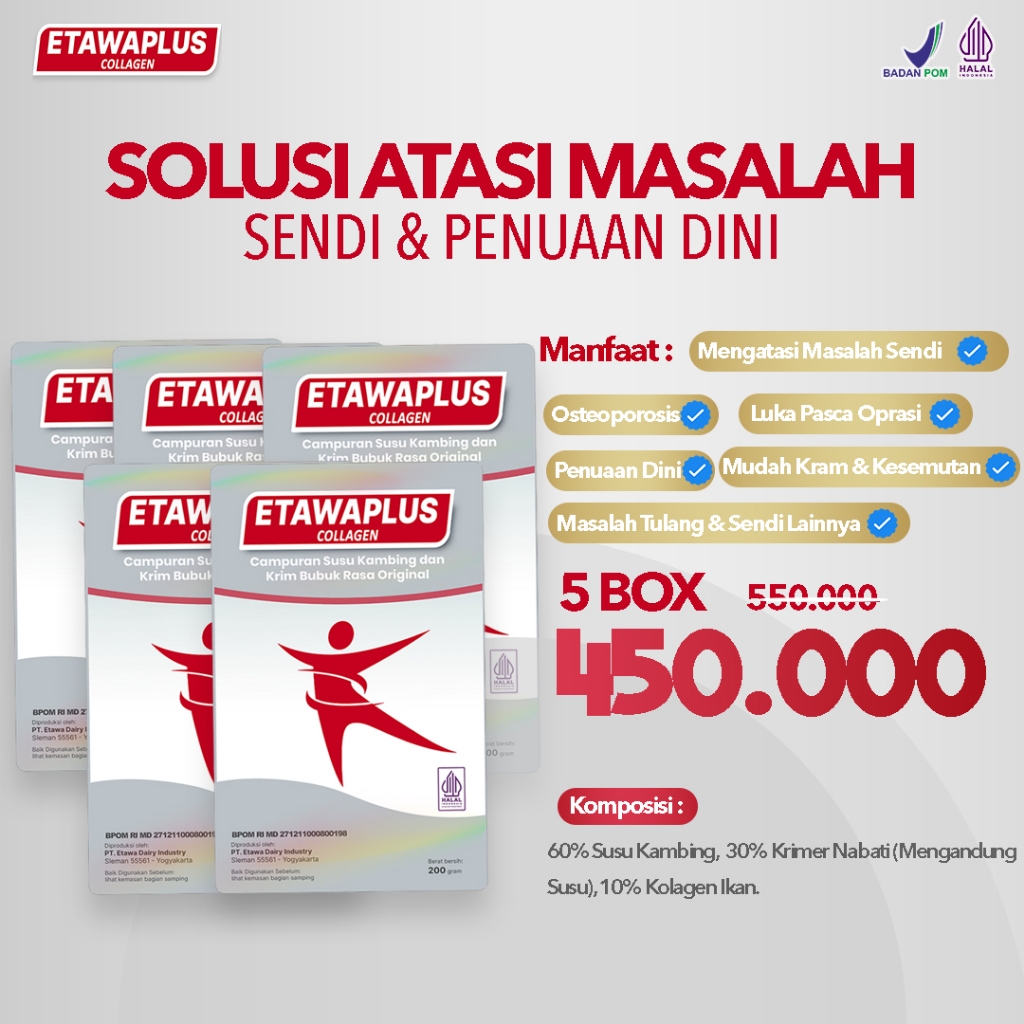 

5 Box Etawaplus Collagen - Susu Kambing Etawa Bubuk 100% Original Bantu Nyeri Sendi, Kesemutan, Asam Urat, Osteoporosis, Penuaan Dini, Kecantikan