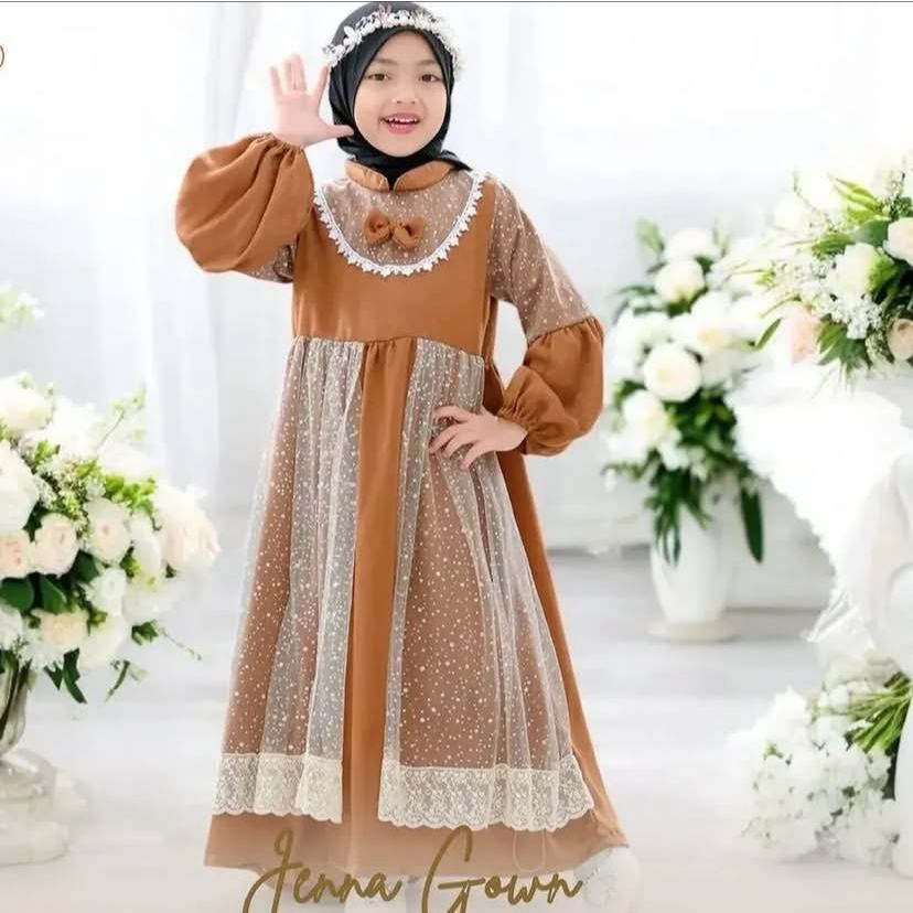 Jeena Kids Dress Cantik Mewah Anak Perempuan Bahan Crinkle mix Tulle Raindrop+Renda Gamis Kekinian V