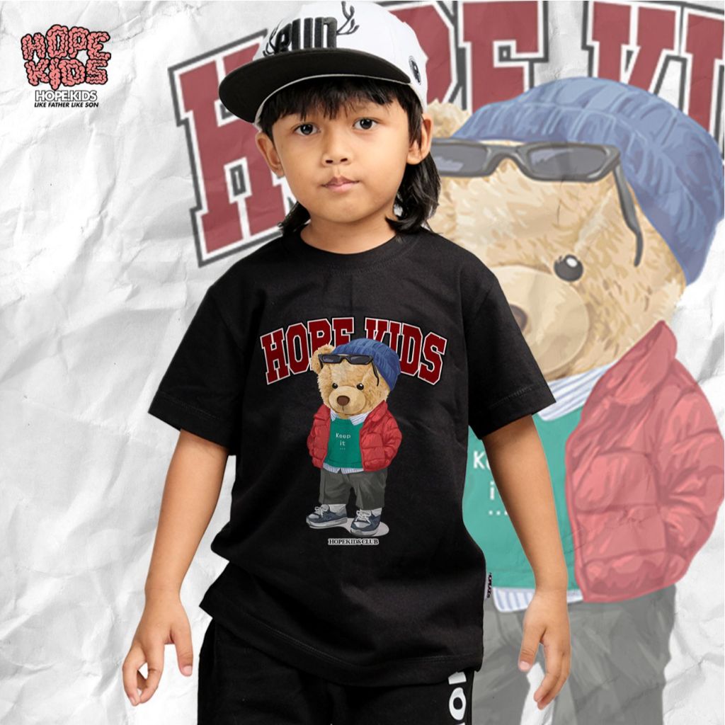 HOPEKIDS Kaos Anak Laki-laki & Perempuan Lengan Pendek " Bear"  Hitam dan Putih Usia 1-12 Tahun