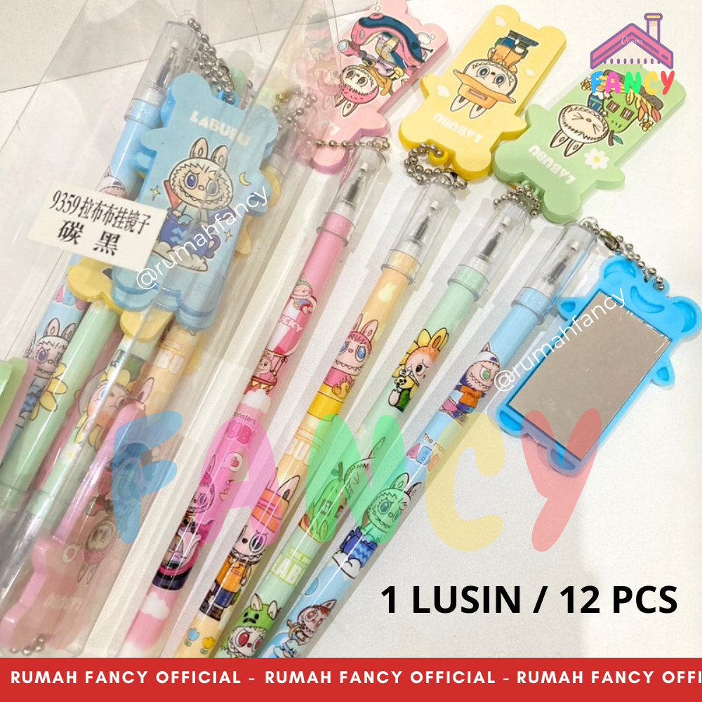 

[1 LUSIN / 12 PCS] Bolpen Gel Cetek / Pulpen/ Pena Gel / Buka Tutup 9359 LABUBU + Gantungan Cermin Karakter Boneka Lucu