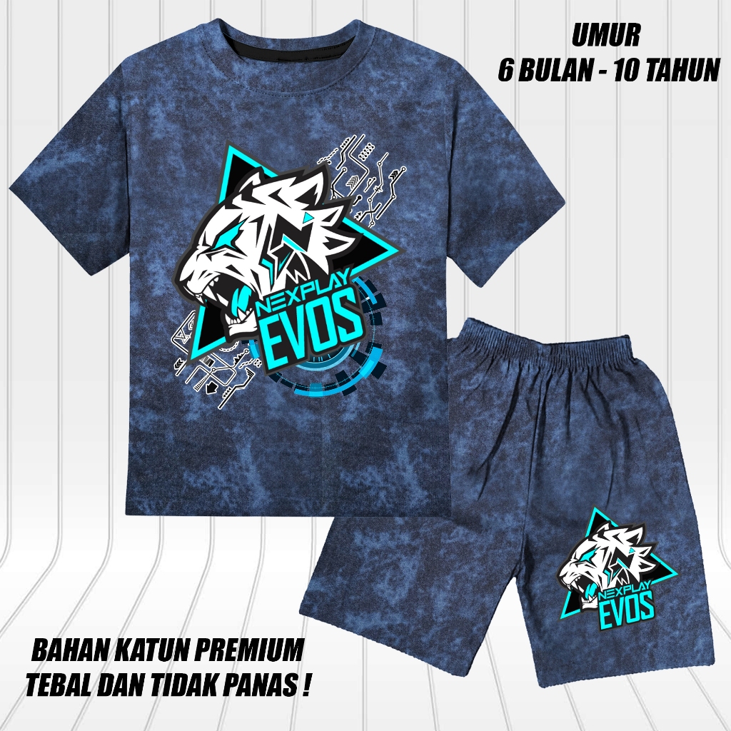 setelan denim jeans printing lengan pendek anak laki laki perempuan set baju anak evos 1