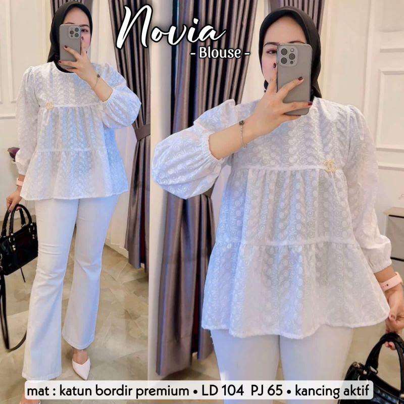NOVIA BLOUSE WHITE, Baju Atasan Wanita Putih Model Susun Bahan Katun Bordir Premium Ld 104 Cm, Pj 65