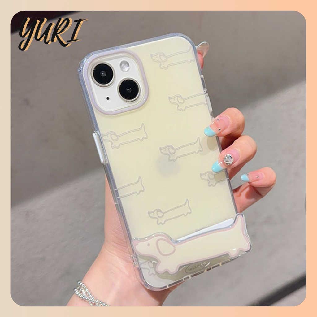 ◤NEW◢(COD) Case iPhone Cute Puppy Warna Cream Putih Kuning Anjing Lucu Casing dengan Dudukan HP Pops