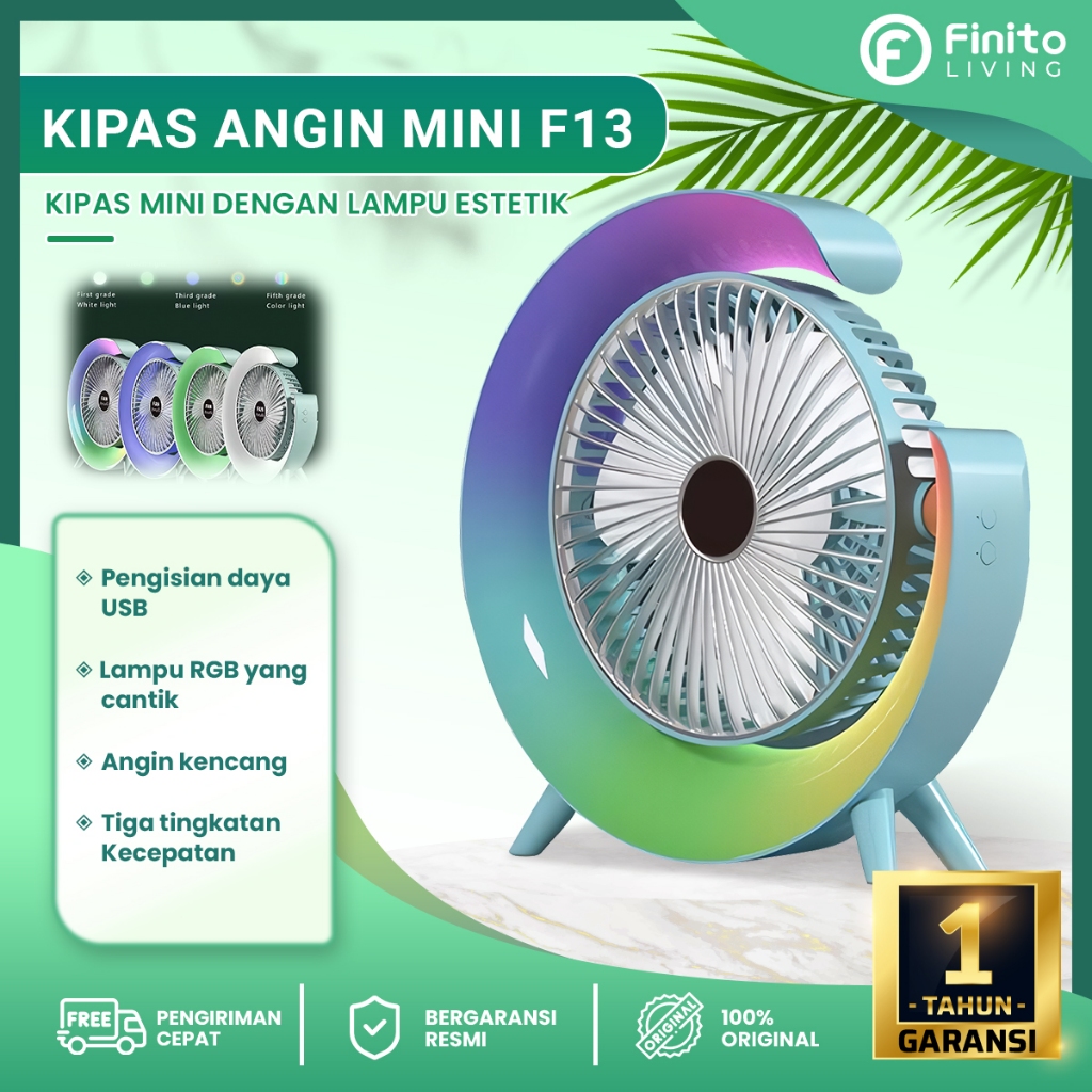 Kipas Angin Portable Charger Lampu Warna Warni NEW F13 /  Mini Fan Led Light Angin Kencang