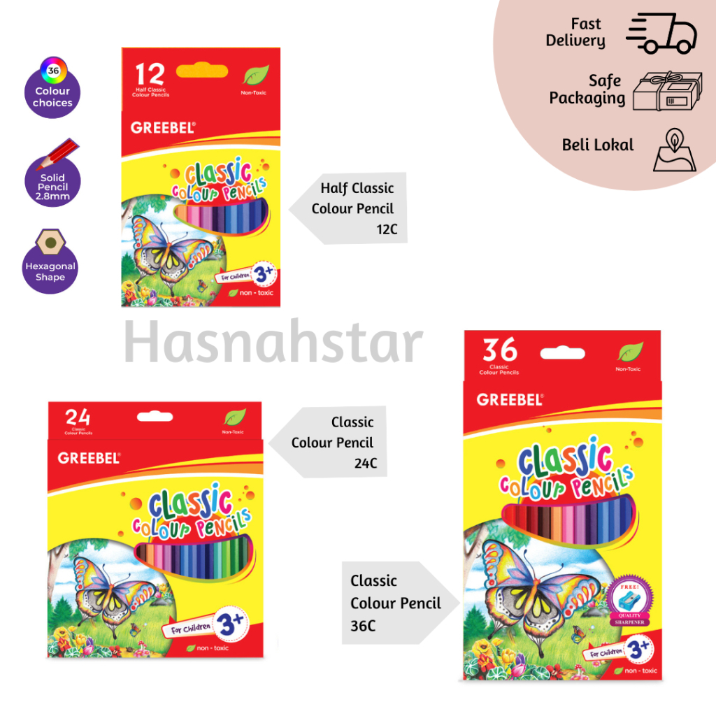 

Greebel Pensil Warna Classic 12 (half), 24 (long) dan 36 warna (long) Hexagonal Grip Kode 3012, 7024 dan 7036 | Colour Pencil