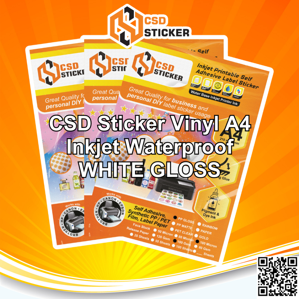 

NEW!!! CSD Sticker Vinyl Inkjet A4 Waterproof Synthetic PET/PP Film Transparan / White Gloss/ White Matte Stiker Premium Anti Air Repack isi 50