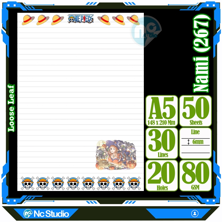 

Loose leaf Kertas binder A5 Isi 50 Lembar Polos karakter Nami Nico Robin Niko One Piece Anime Kartun Buku Refil isi ulang Repil Vol-29