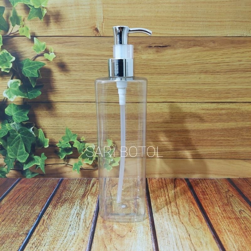 BOTOL PUMP 500ML KOTAK / BOTOL PET 500ML KOTAK PUMP CLIP OIL SILVER