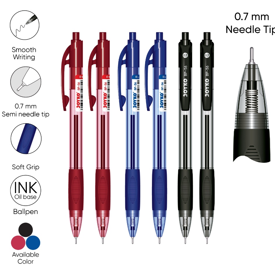 

EXCLUSIVE 12 Pcs Pulpen Bolpen Pen Klik BP56 Needle Tip Tebal 7 mm Warna Tinta Lengkap Hitam Black Biru Blue Merah Red