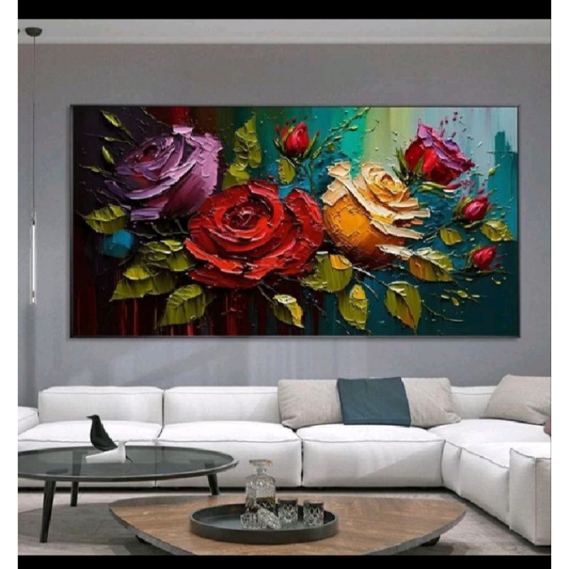 pajangan dinding lukisan bunga mawar tekstur tebal