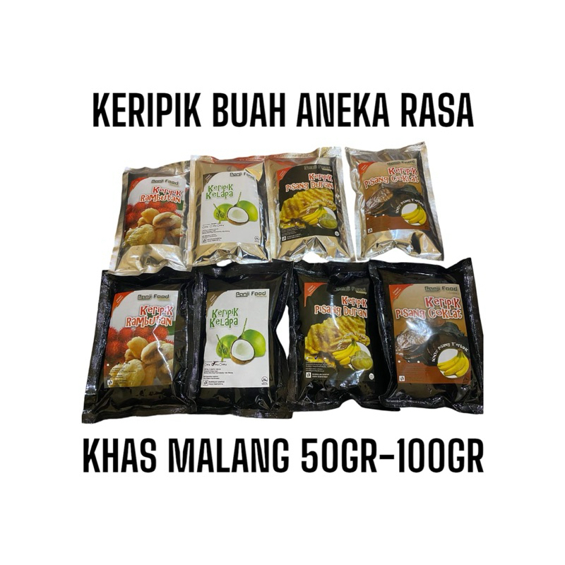 

Keripik Buah Rambutan Kelapa Pisang Durian Pisang Coklat Khas Malang 50gr dan 100gr