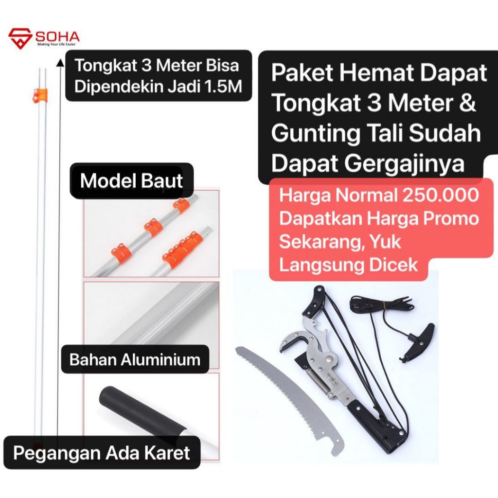Tongkat Teleskopik Galah Panjang Gunting Tali Dapat Gergaji Pemotong Dahan Buah Mangga dan Rambutan