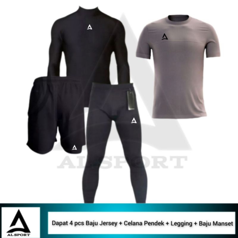 4 IN 1 Stelan Olahraga Pria Baju Manset Legging Sport Futsal Lari Voly Gym