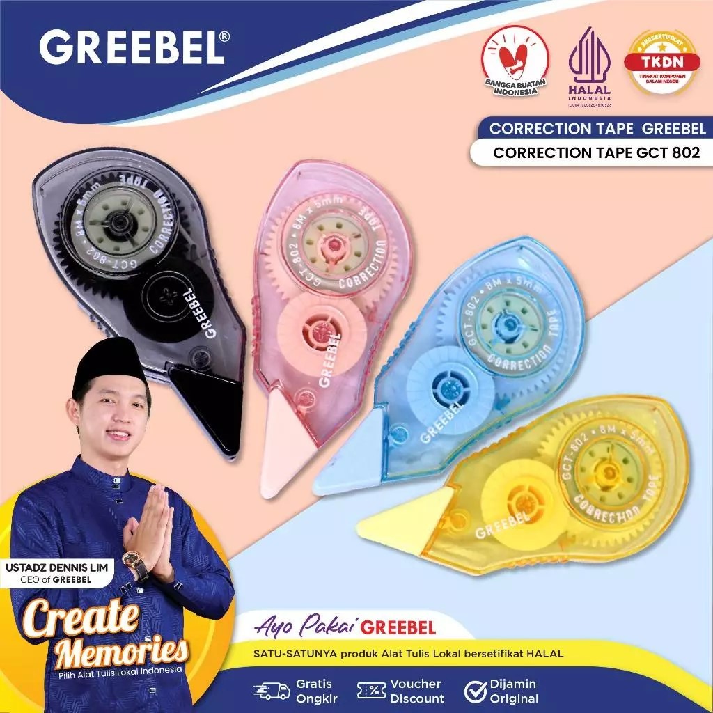 

GREEBEL Correction Tape GCT-802 Pastel Lucu / Tip-ex Kertas Roll, Tipe X Kertas pulpen, Pita Koreksi, Tip X