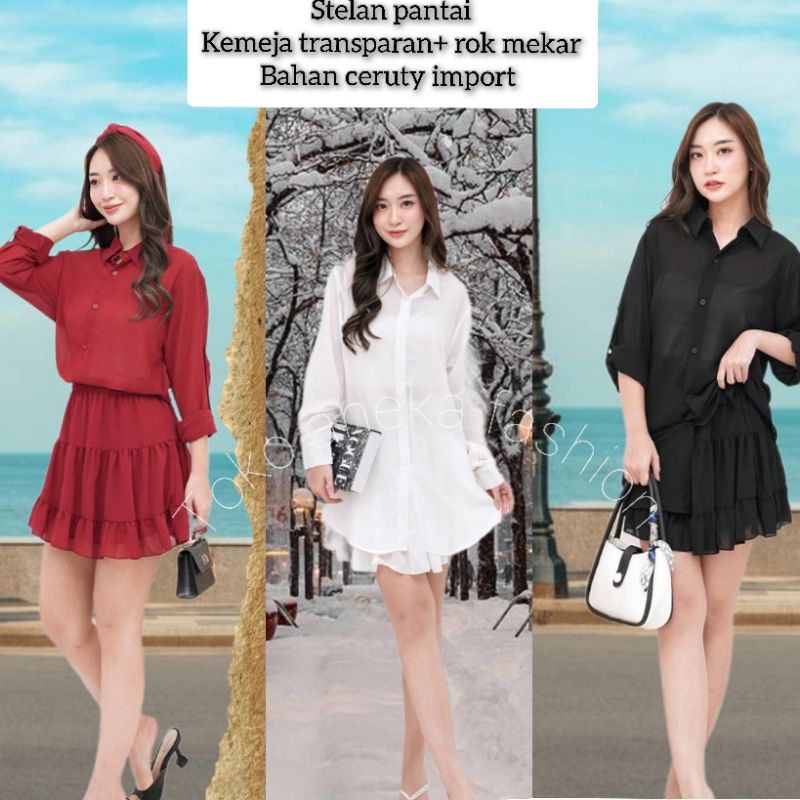 ONE SET STELAN PANTAI WANITA ROK MEKAR DAN ATSAN KEMEJA TRANSPARAN STYLE KOREAN VINTAGE