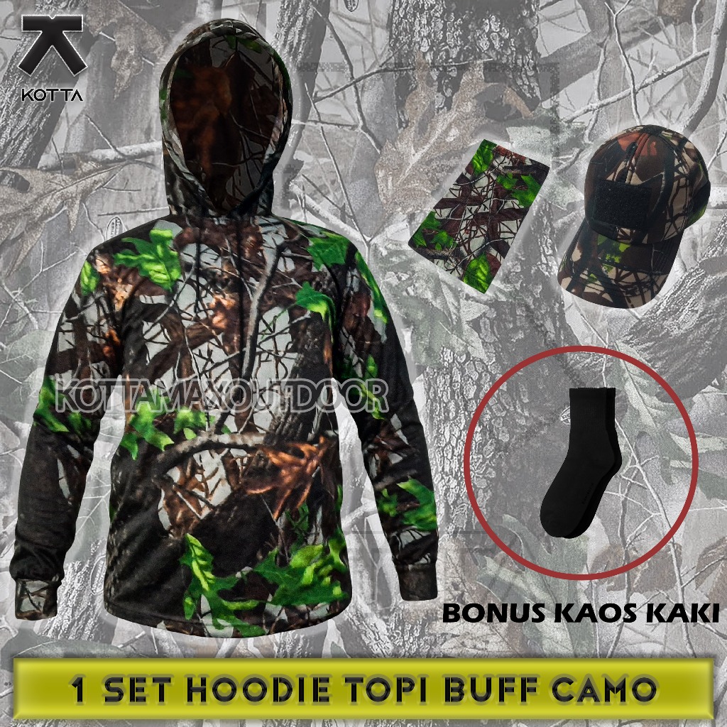 SET SETELAN BAJU KAOS HOODIE TOPI MASKER BUFF CAMO - BAJU BERBURU CAMO - HOODIE CAMO PERBAKIN - TOPI