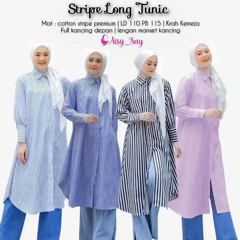 Stripe Long Tunik Bahan Katun Import By Aisy Say/Tunik Salur Motif Garis Garis By Aisysay/Stripe Tun
