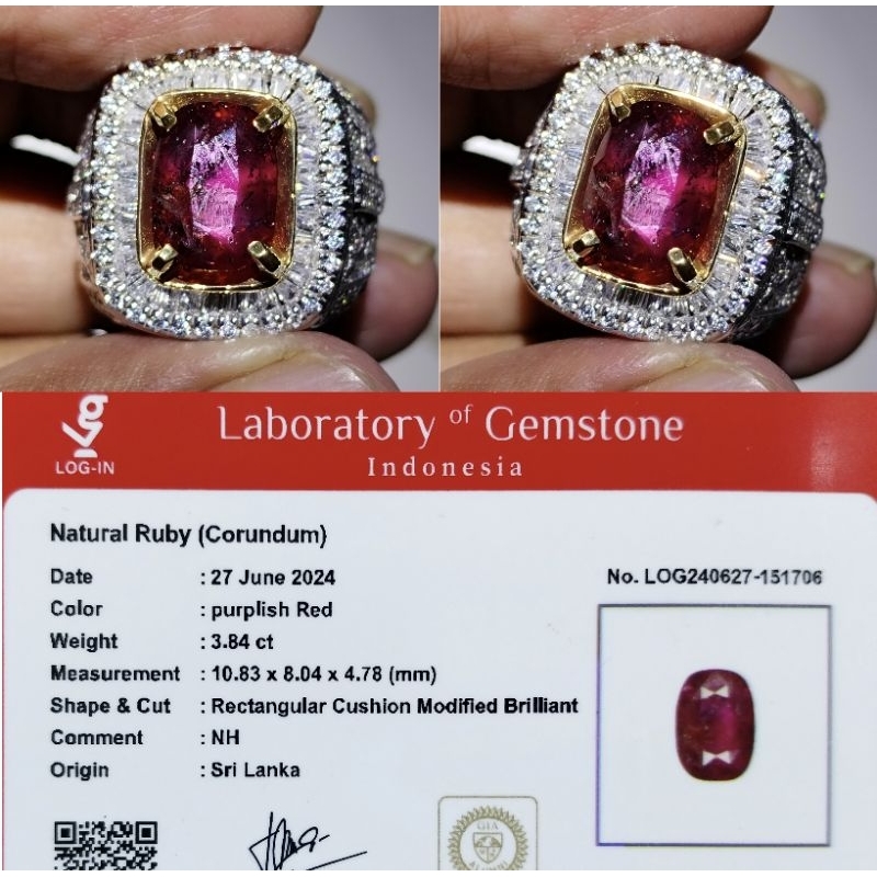 Cincin permata rare natural ruby srilanka No heat NH 3.80ct