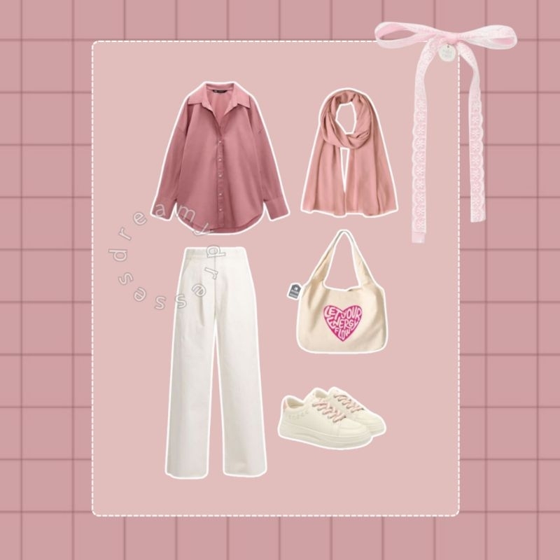 SET03 - ONESET 3in1, Outfit Korea, Set Korea, Ootd Korea, Kemeja Pink