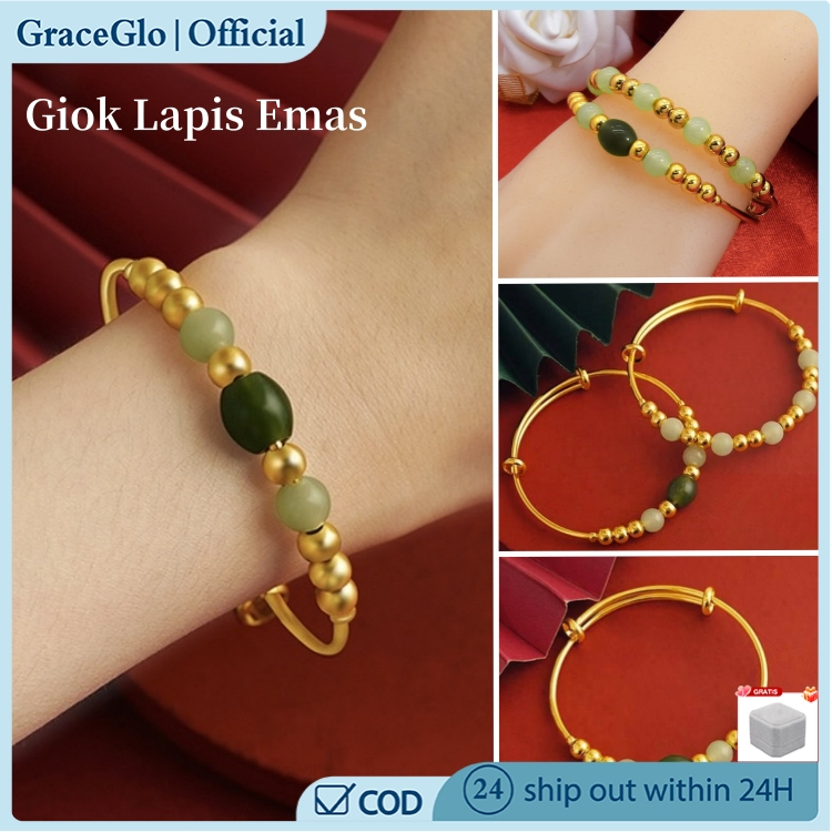 【100% Asli】Gelang Giok Lapis Emas Wantia batu Giok Hijau Gelang Keberuntungan China gelang Giok Asli