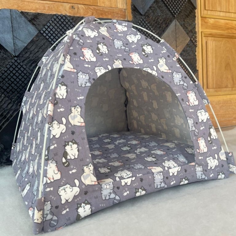 Update Meriah kandang kucing tenda tempat tidur kucing bonus bantal bahan kanvas motif kucing