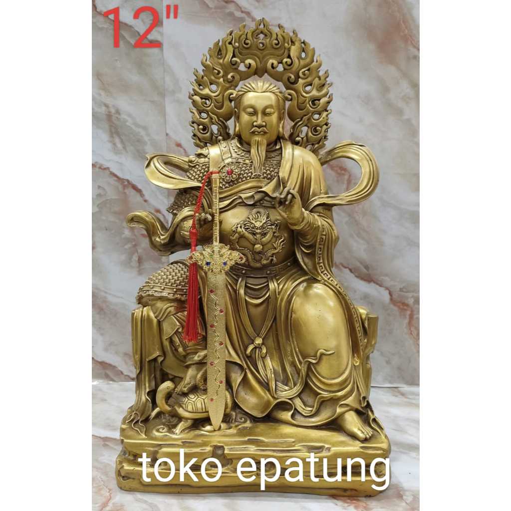 patung dewa hian tian shang ti / siong te kong / Xuan Tian Shang Di - duduk - 12 inch - kuningan -m2