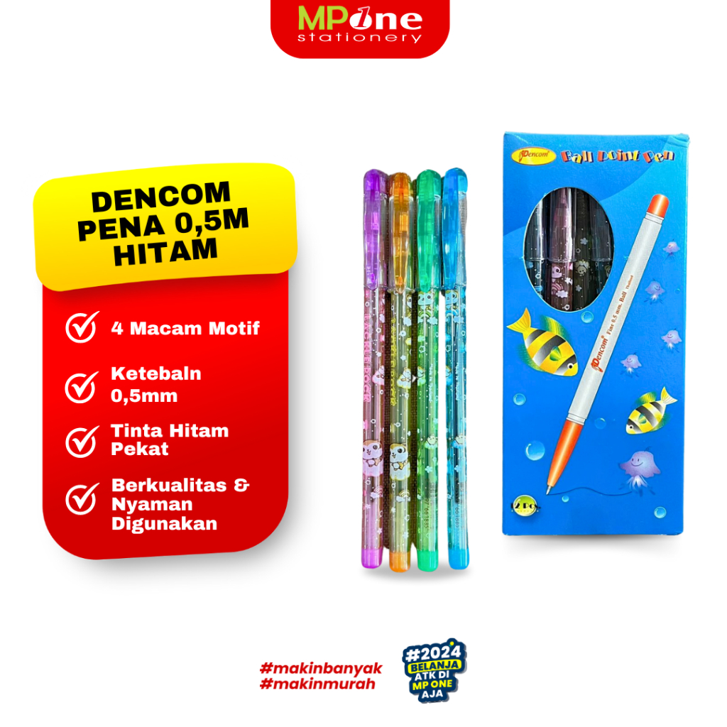 

(1 KOTAK) Dencom Pena Warna Warni Tinta Hitam 0,5mm / Pulpen Hitam Dencom isi 12pcs / Pena Murah