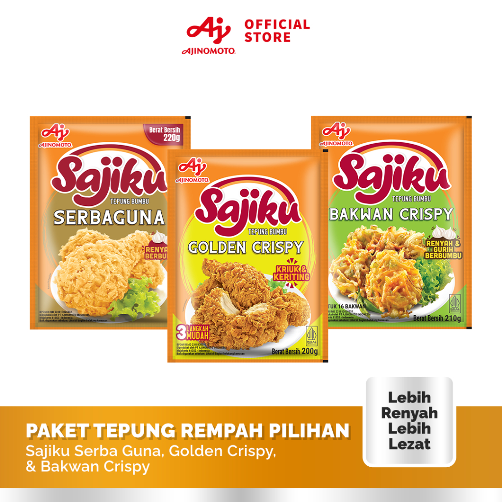

Paket Tepung Rempah Pilihan - Sajiku Serba Guna , Golden Crispy , Bakwan Crispy - Lebih Renyah Lebih Lezat