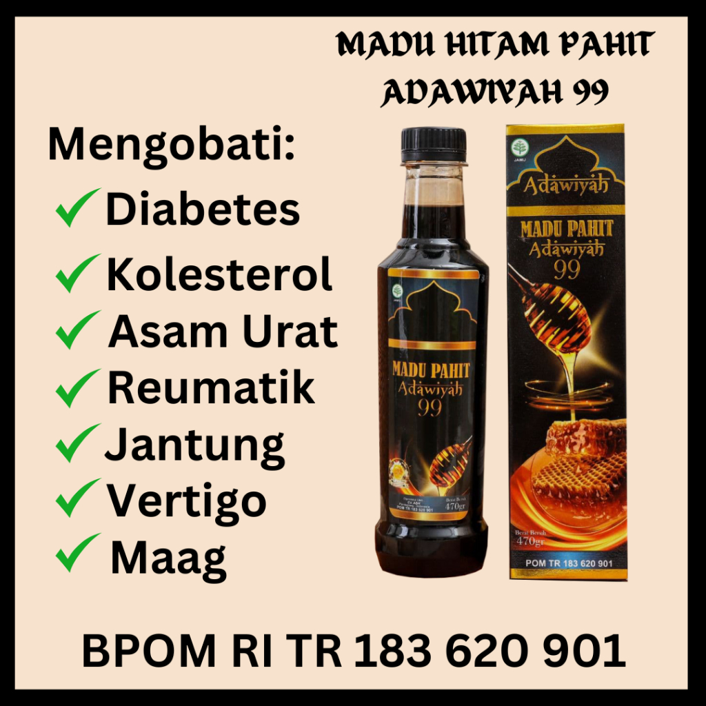 

Madu Hitam Pahit Adawiyah 99 100% Original Asli Super Premium Insulin Diabetes insuline isi 470 gr plus Sambiloto Kolesterol Gula Darah Imun Asam Urat darah tinggi Untuk Penderita Asam alami herbal kesehatan Peningkat Stamina Tubuh propolis halal dan BPOM