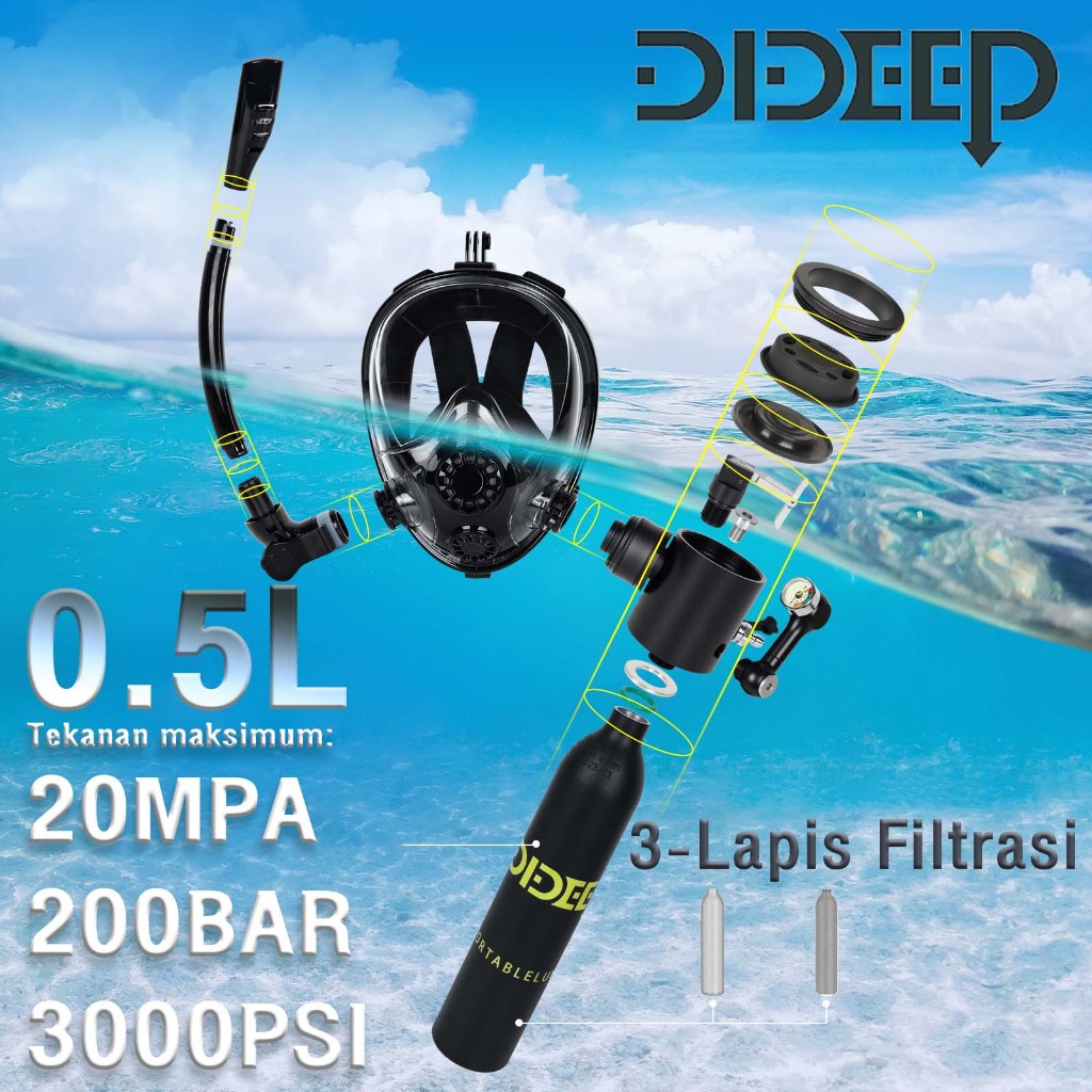 DIDEEP 0.5L diving scuba mini Alat selam Snorkel Alat  Selam Full Face Snorkling Mask Dewasa peralat