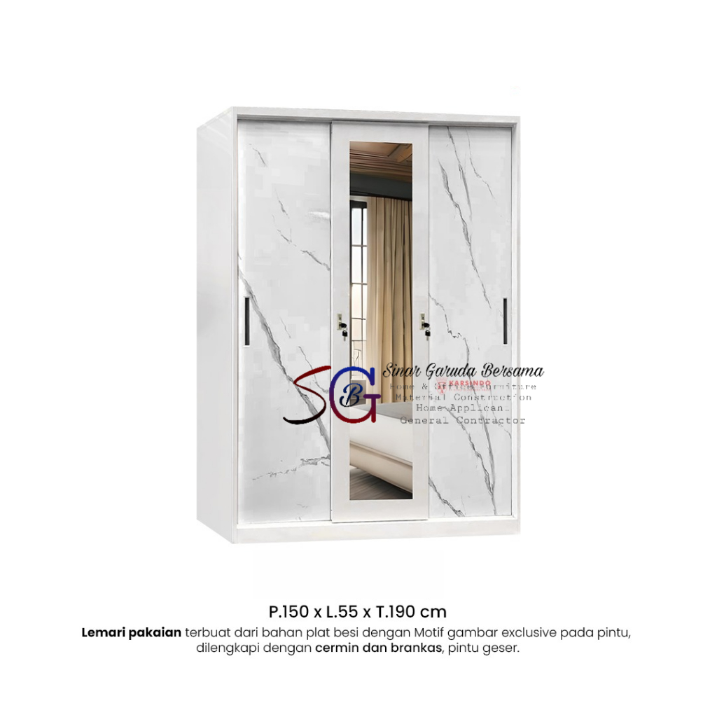 LEMARI PAKAIAN SLIDING 3 PINTU PLAT BESI + KACA PANJANG MOTIF / LEMARI BAJU PINTU GESER BAHAN PLAT B