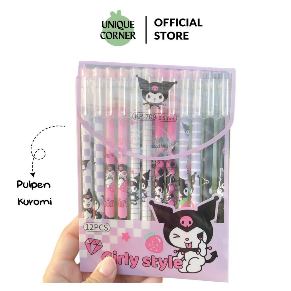 

UQ (12pcs) Pulpen Gel / Pena Set Sanrio Kuromi 0.5mm Alat Tulis Anak Sekolah ULI010