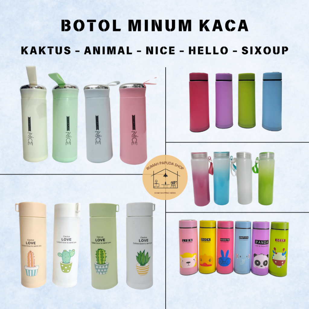 Botol Minum Hello/ Nice Botol Minum Kaktus/ Sixoup BPA FREE 400ml Botol Minum Kaca Animal 500ml My B
