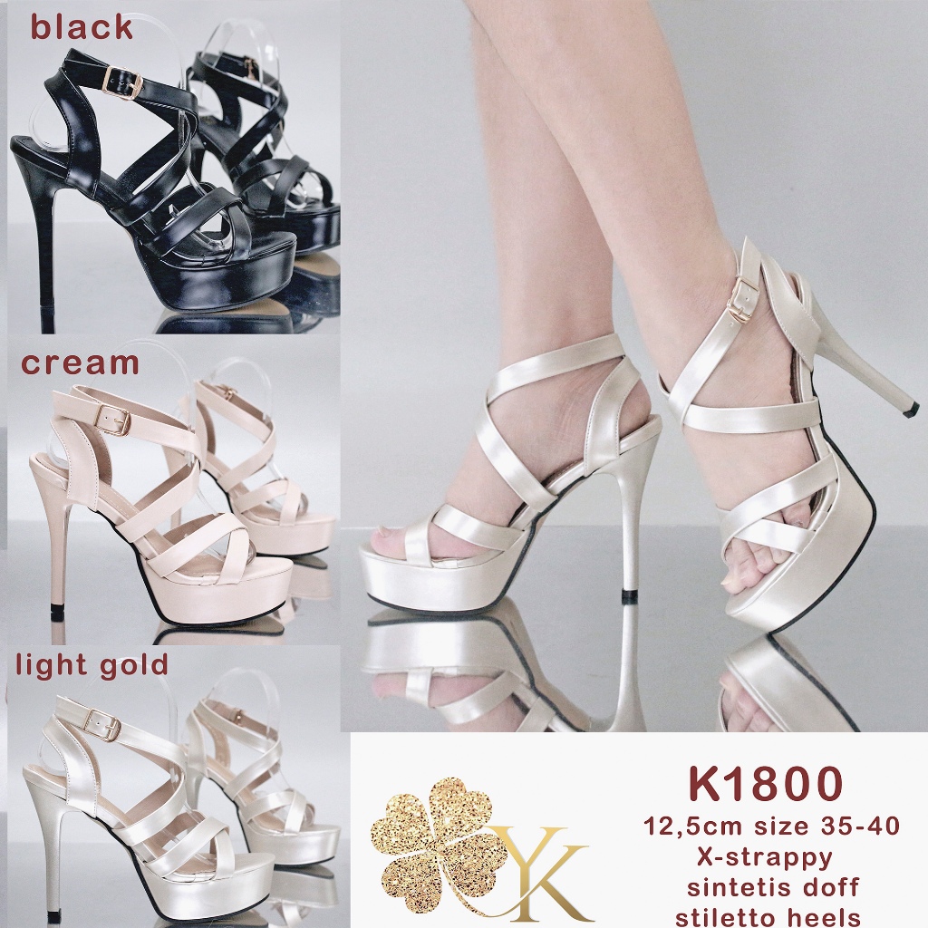YKshoes 1800 heels 12,5cm 13cm Xstrappy heels stiletto heels black gold cream heels sepatu hak tali 