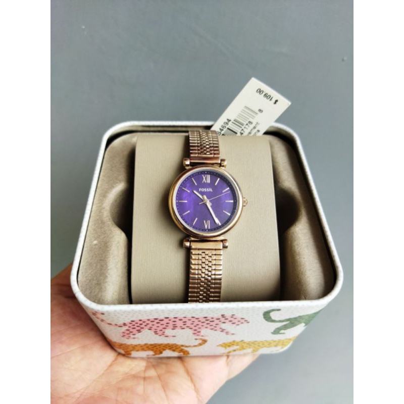 Jam Tangan Wanita Original Fossil ES4694 Mini Carlie Purple Dial Pink Stainless Strap Watch