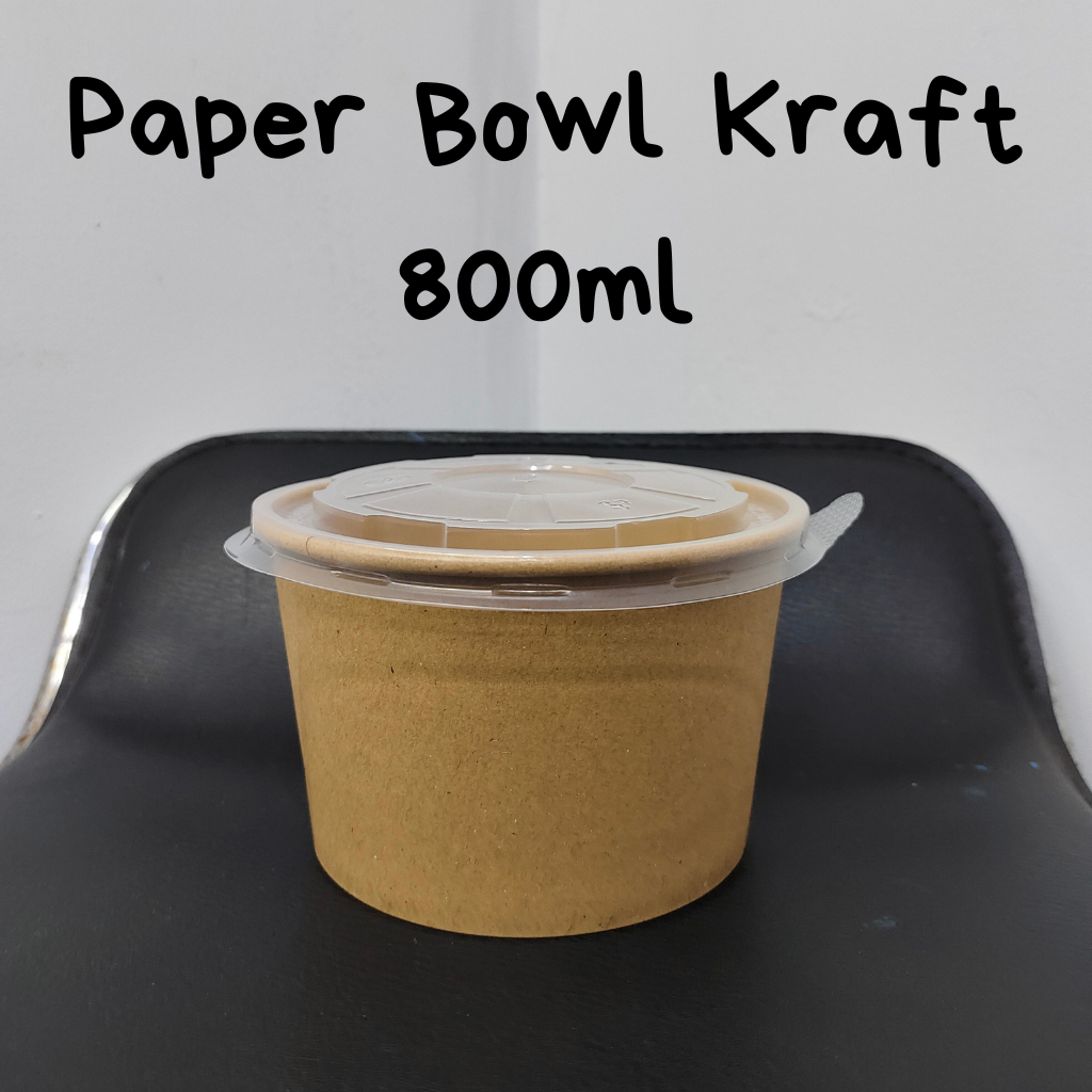 Paper Bowl Kraft Coklat Laminasi / Mangkok Kertas + Tutup / Paper Rice Bowl 800ml