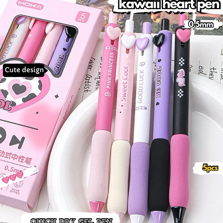 

SPECIAL PROMO 5pcs Set Pulpen Gel Lucu Heart Pen Kawaii Aesthetic Tinta Hitam