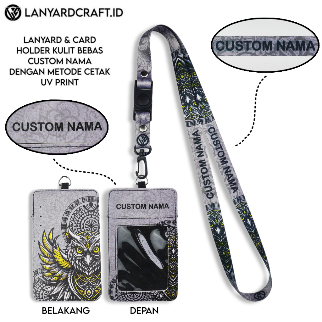 

V4 Id Card Holder Leather Custom + Lanyard Custom Nama Owl Series Gantungan Tali Lanyard Holder Id Card Kulit UV Print