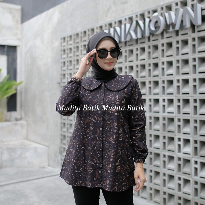 Batik Mudita Motif Mecca Batik Kerja Wanita Lengan Panjang Katun Printing Premium Halus Warna Hitam